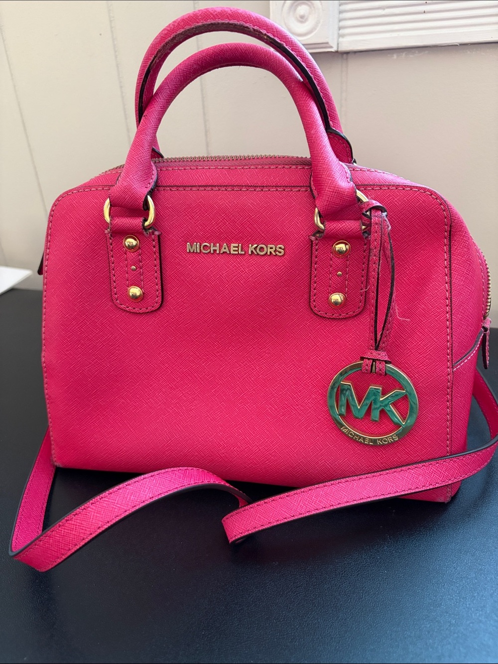 Michael Kors Hot Pink Saffiano Satchel with MK Charm